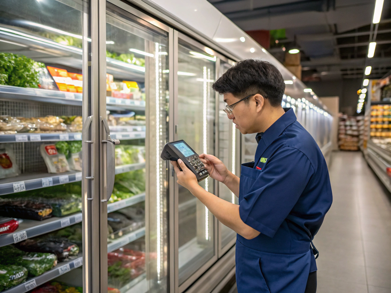 Commercial glass door reach-in display refrigerator technician diagnostic check