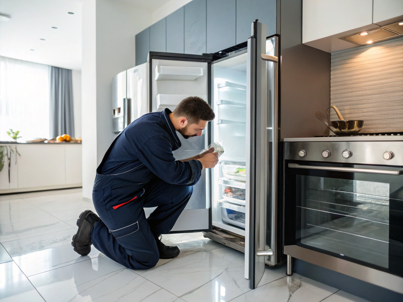 Commercial ice machine repair technician working on stainless steel ice maker unit