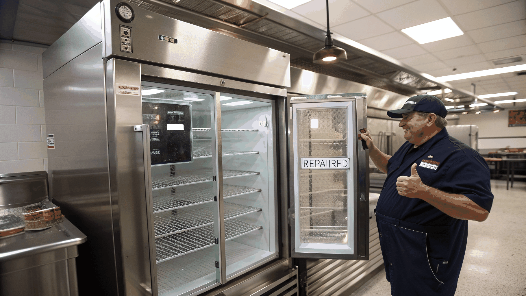 Commercial refrigeration technician servicing restaurant walk-in refrigeration equipment