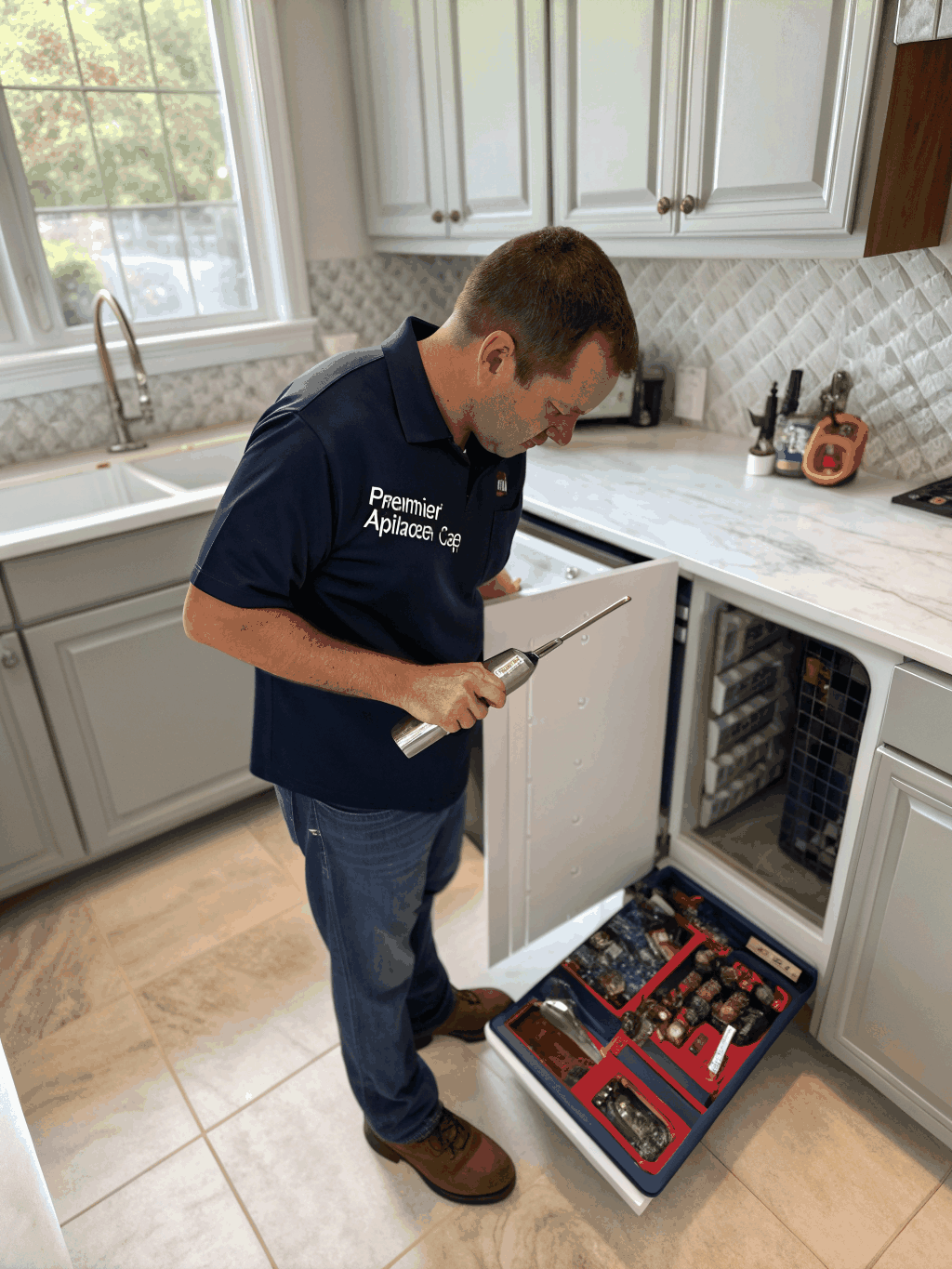 Professional appliance technician repairing a built-in kitchen dishwasher in Marietta GA