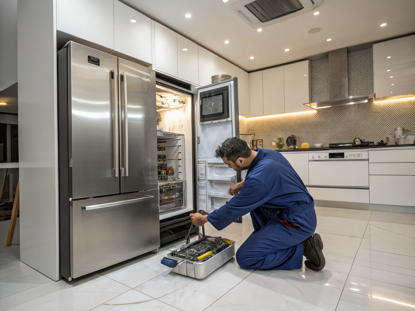 Technician repairing an ice maker assembly in a modern refrigerator