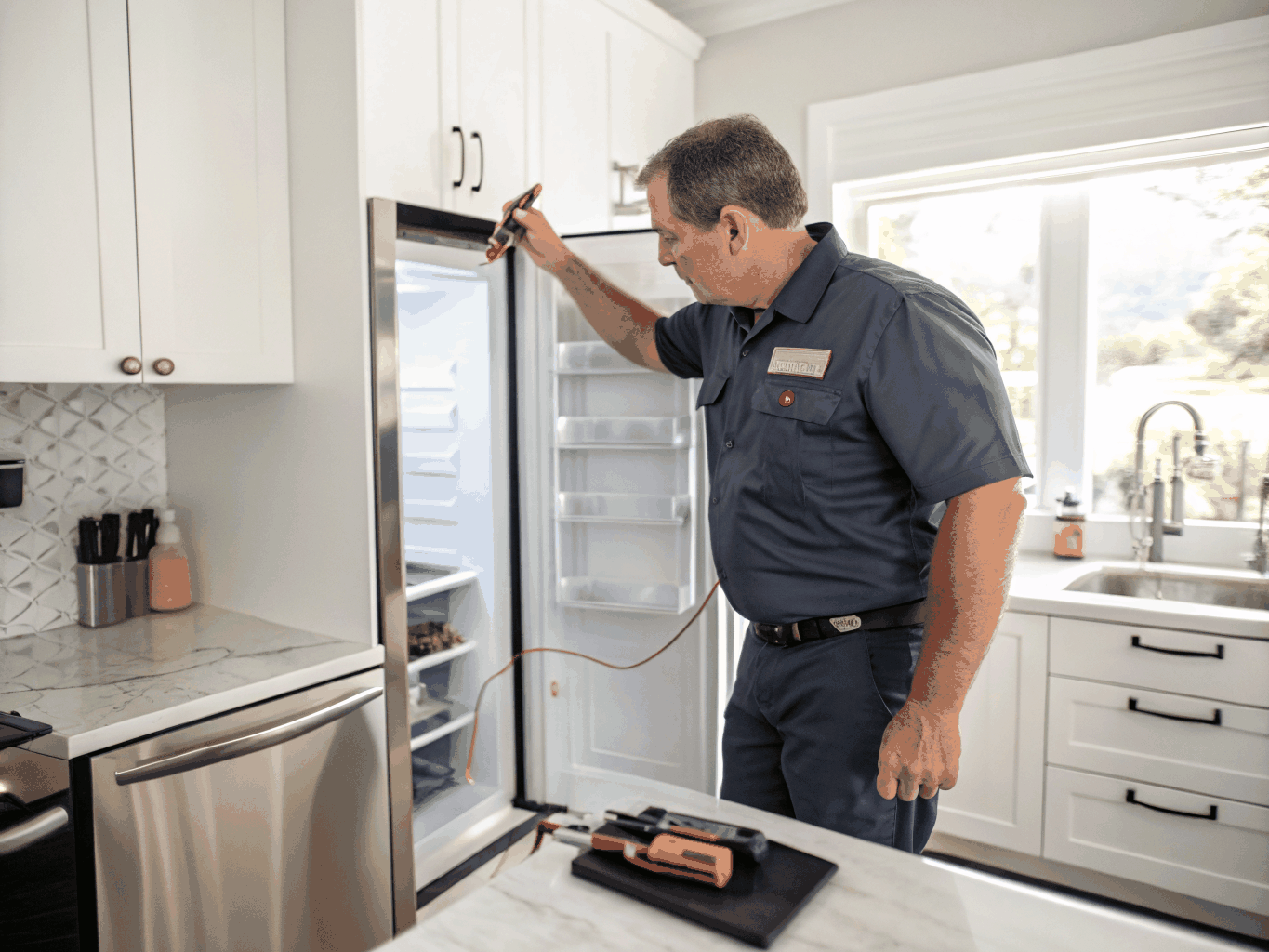 Appliance repair technician testing an ice maker assembly in a refrigerator