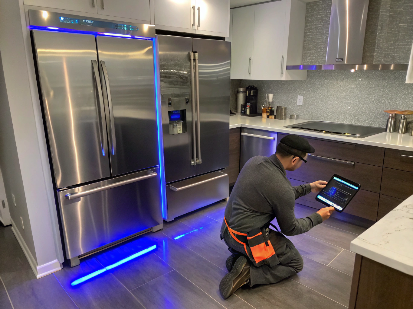 Professional technician servicing a modern stainless steel refrigerator in Marietta GA