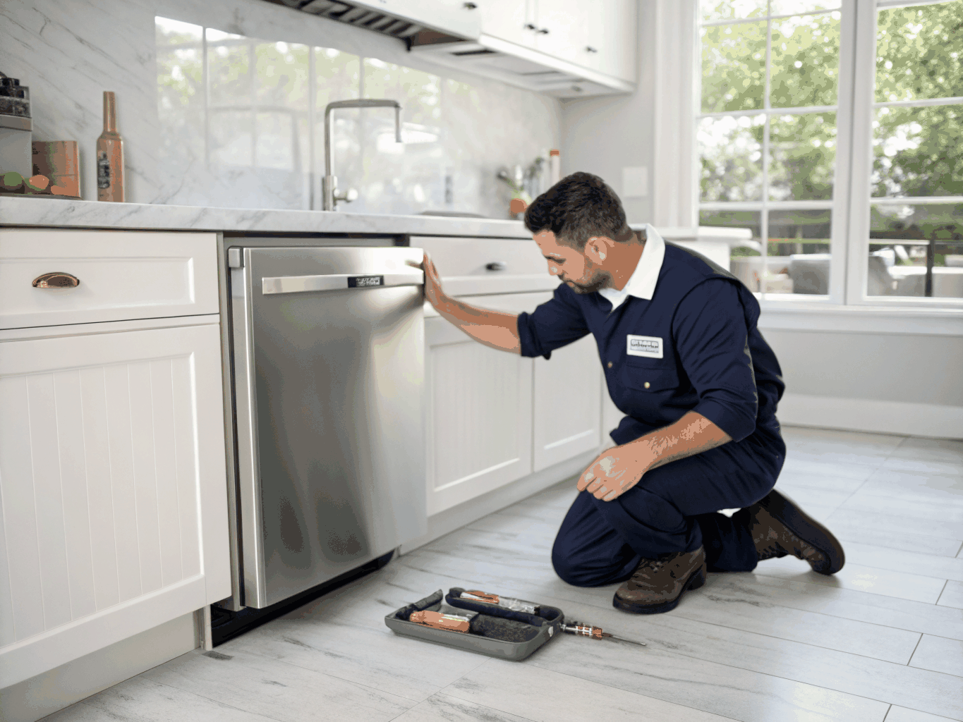 Technician testing microwave electronics and door switch assembly