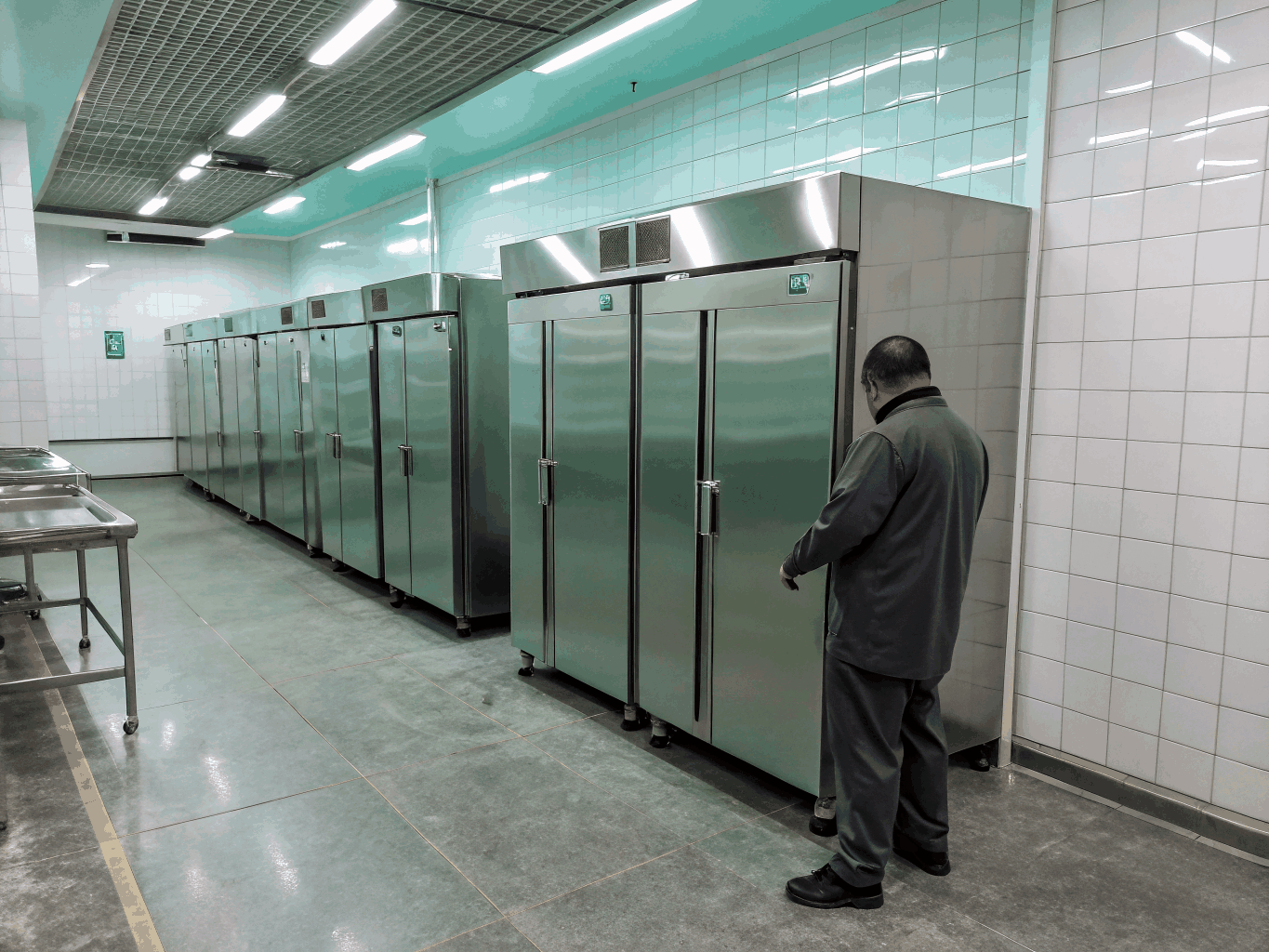 Technician repairing commercial prep table refrigeration unit