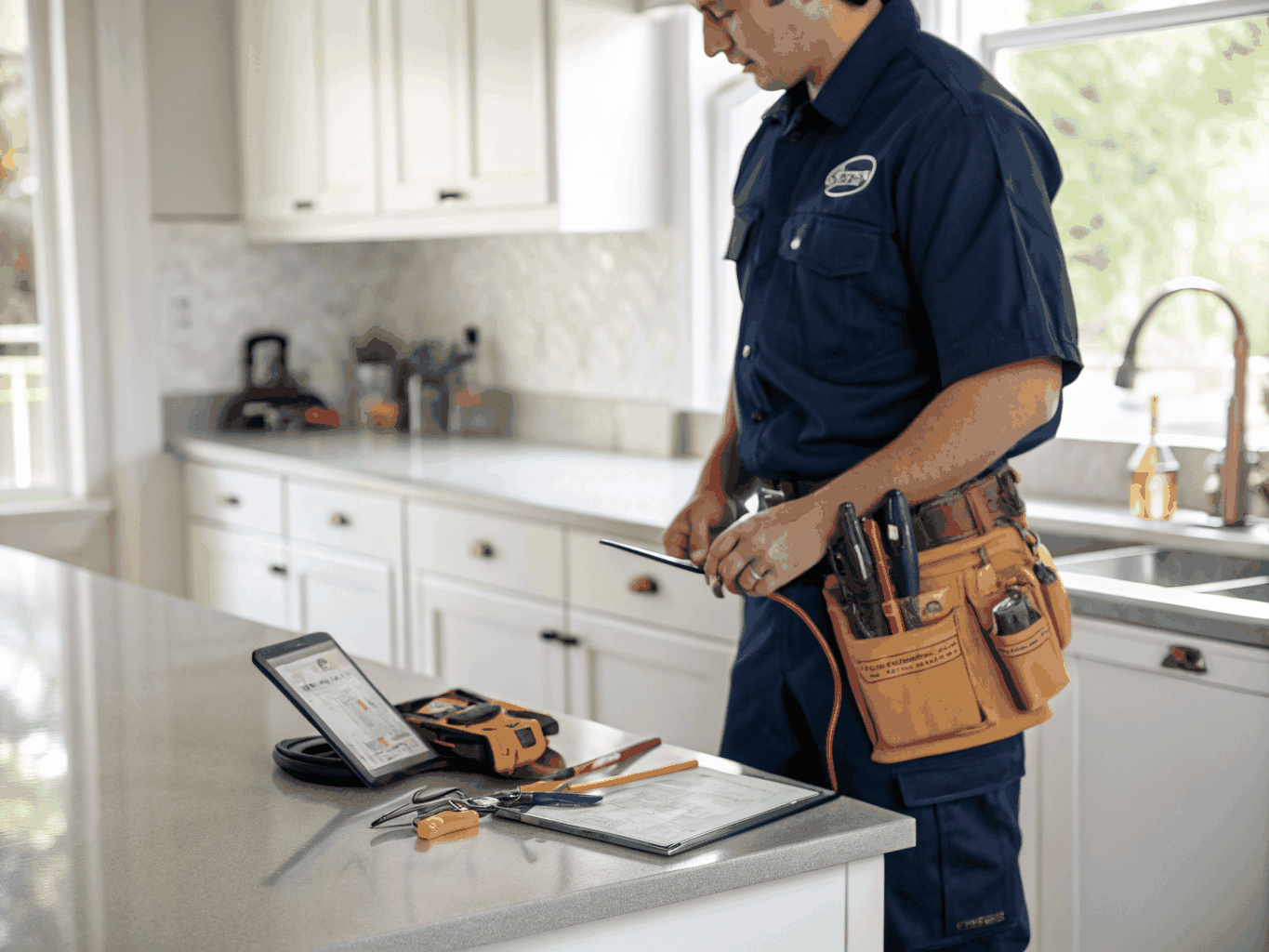 Certified appliance repair technician inspecting a luxury gas kitchen range in Marietta