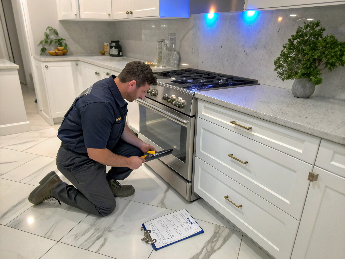 Professional technician servicing a modern kitchen stove and range in Marietta