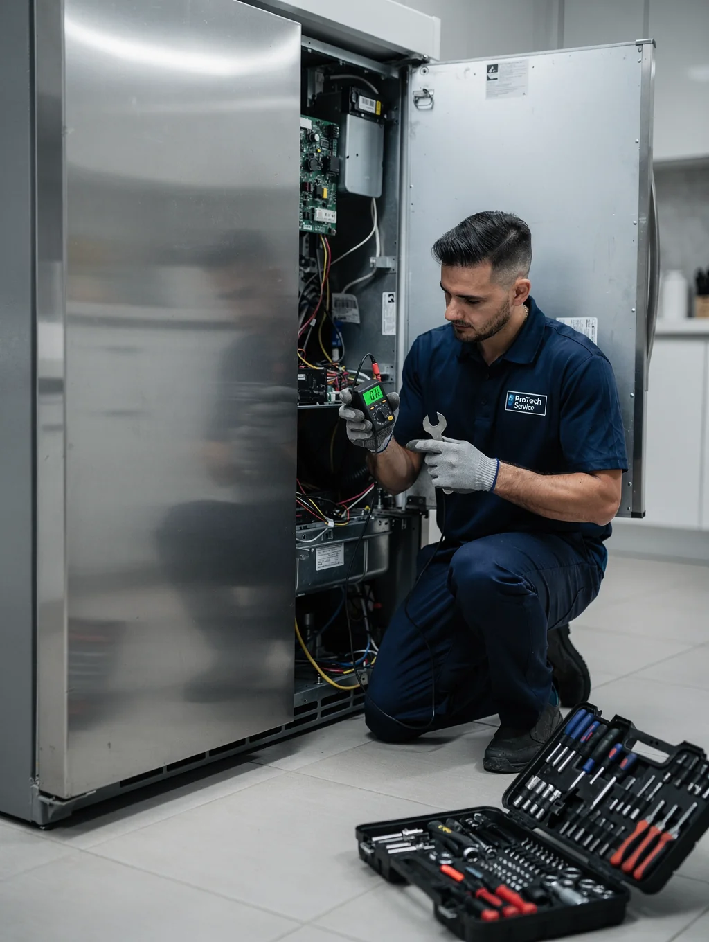 Certified appliance technician performing precision electronic diagnostics on brand-name appliance components