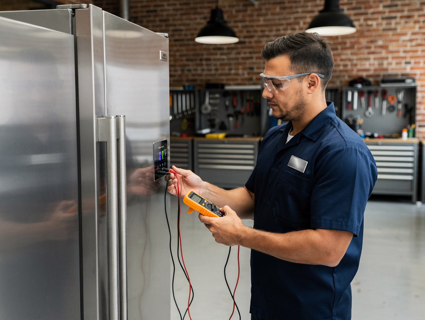 Appliance repair technician inspecting upright freezer in Marietta GA