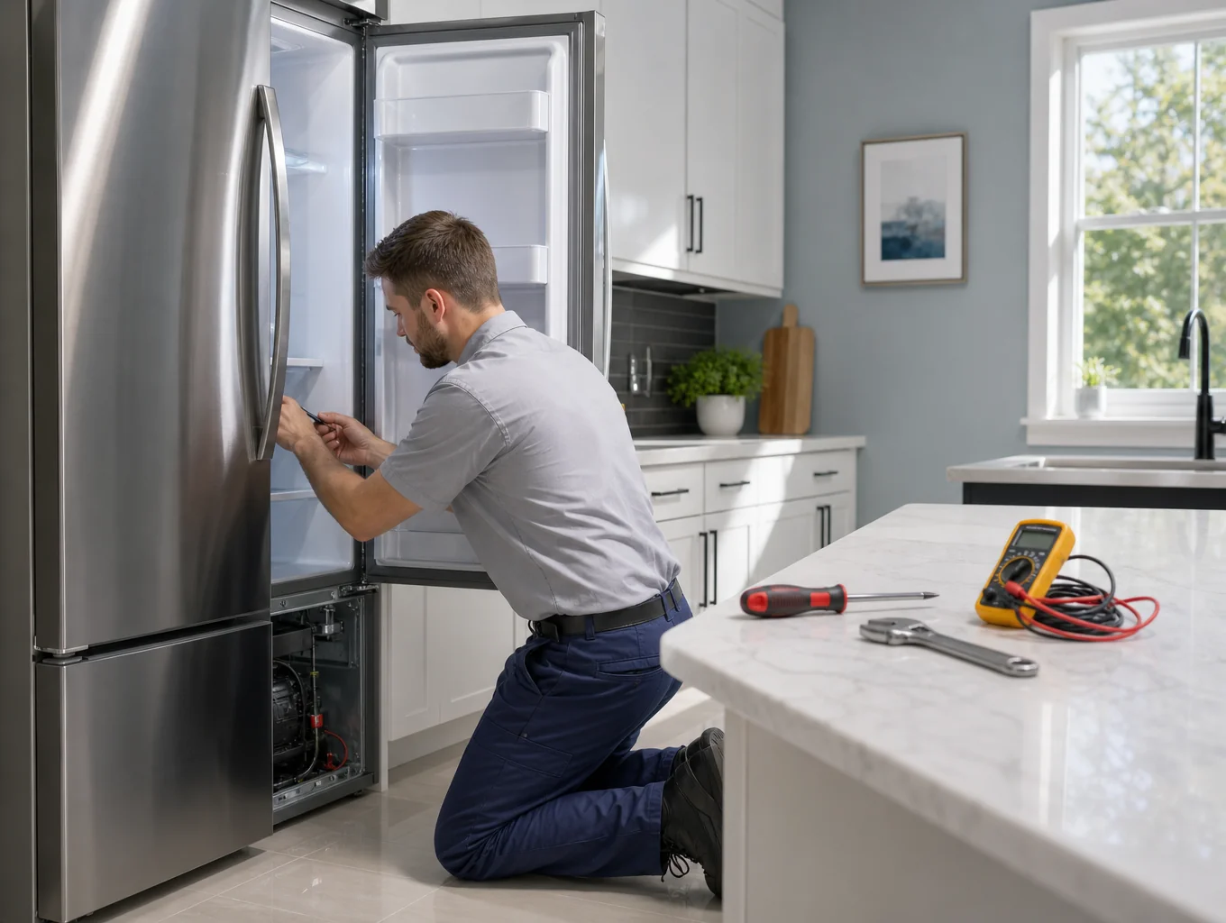 Certified appliance technician performing equipment diagnostics in Marietta