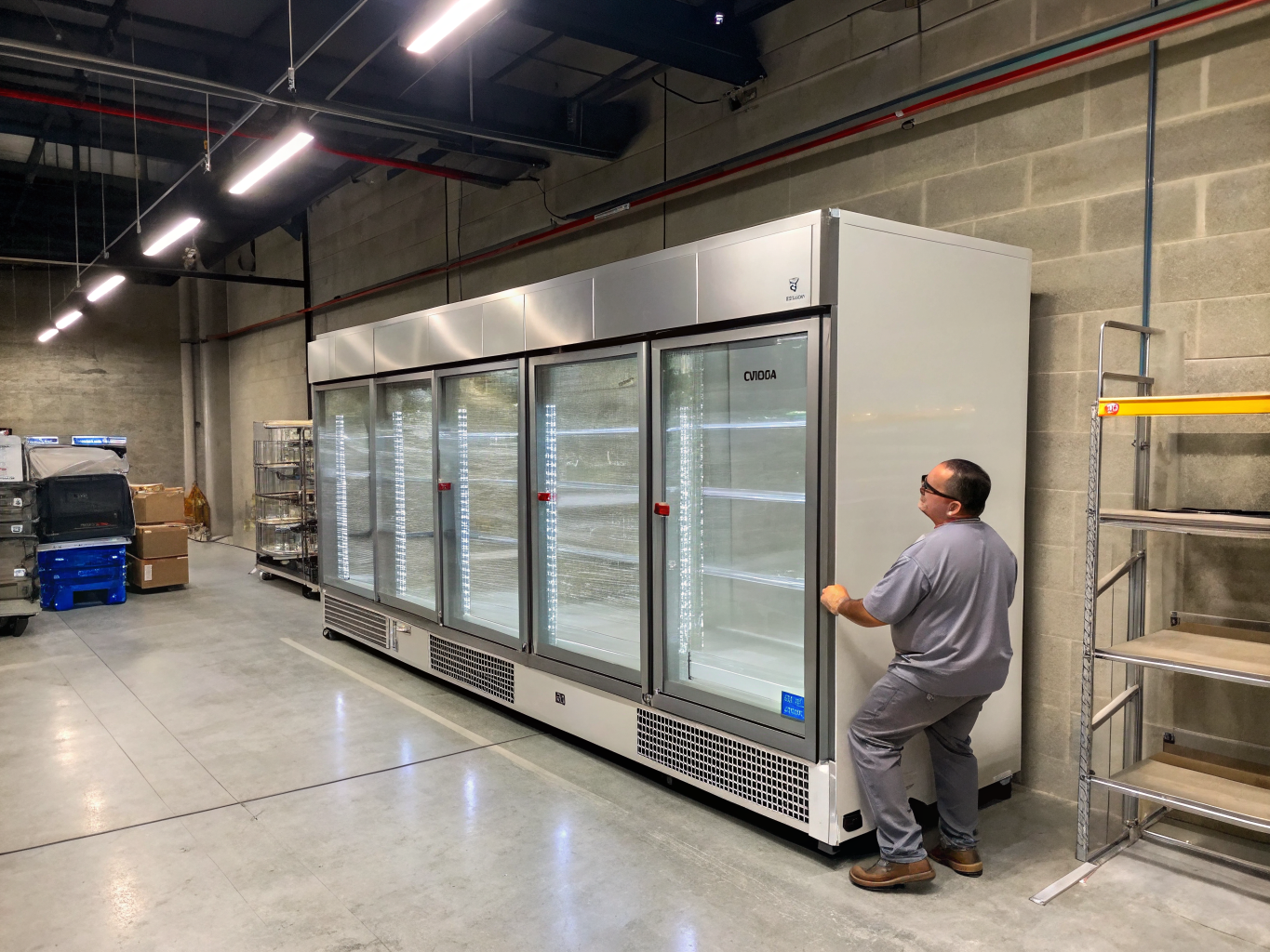 Technician repairing commercial walk in freezer cooling system