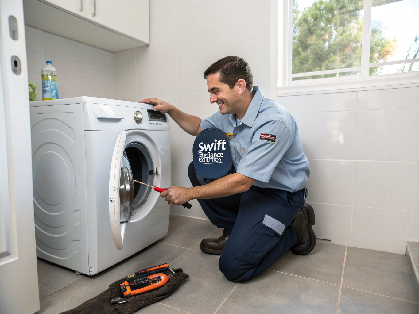 Certified technician servicing a front load washing machine in Marietta GA